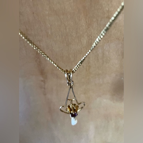 Antique Victorian Edwardian 10K Yellow Gold Lavaliere & Chain Gem Pearl Stamped - Picture 12 of 16